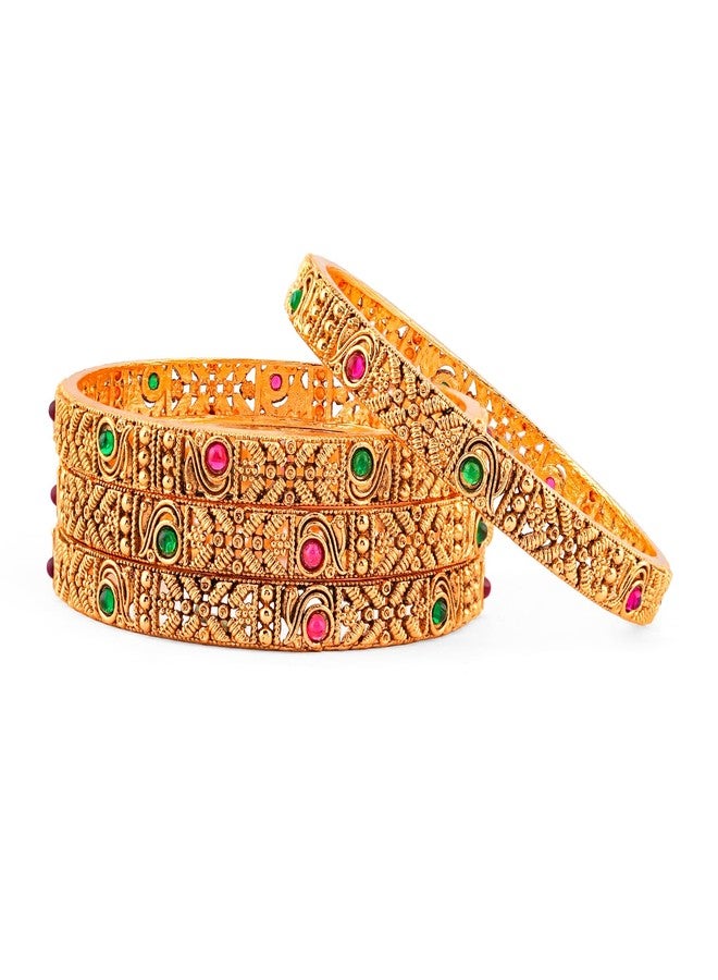 Rubans Gold Plated Set of 4 Designer Filigree Paisley Bangles Ruby Red Emerald Green Traditional Wedding Jewellery for Women & Girls - Image 1