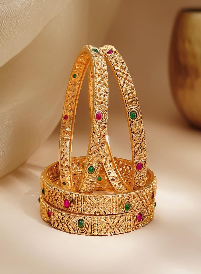 Rubans Gold Plated Set of 4 Designer Filigree Paisley Bangles Ruby Red Emerald Green Traditional Wedding Jewellery for Women & Girls - Image 3