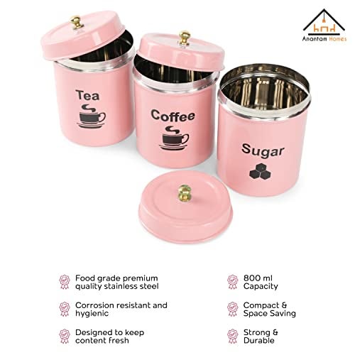 anantam homes Stainless Steel Jar | Container | Canister set for Tea, Coffee & Sugar | Tea Coffee Sugar Containers Set of 3| 800ml each (TCS-Light Pink) - Image 4