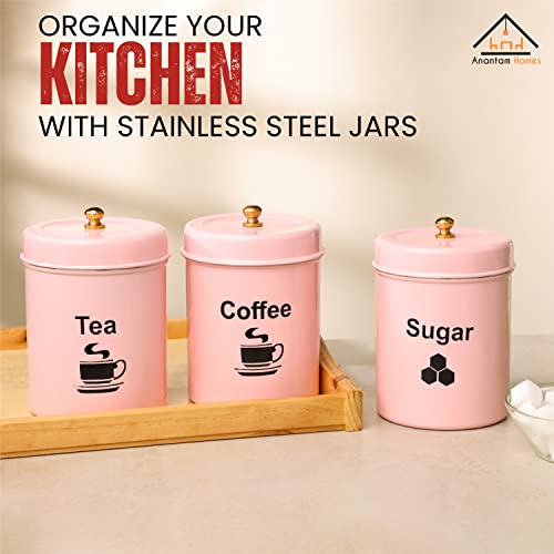 anantam homes Stainless Steel Jar | Container | Canister set for Tea, Coffee & Sugar | Tea Coffee Sugar Containers Set of 3| 800ml each (TCS-Light Pink) - Image 3
