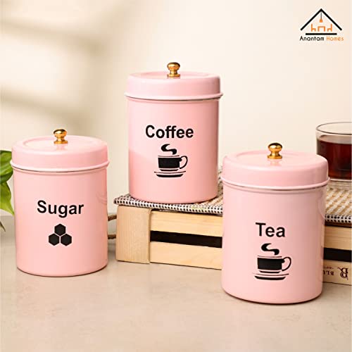 anantam homes Stainless Steel Jar | Container | Canister set for Tea, Coffee & Sugar | Tea Coffee Sugar Containers Set of 3| 800ml each (TCS-Light Pink) - Image 2