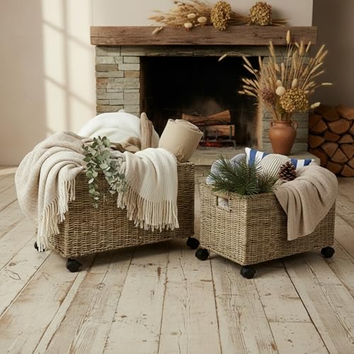 PEMAR Set of 2 Nesting Natural Wicker Rolling Storage Baskets on Wheels with Insert Handles, Under Table Under Desk Woven Storage Bins, Mobile File Cabinet Organizer, Seagrass, Sizes M and L - Image 2