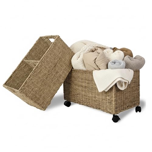 PEMAR Set of 2 Nesting Natural Wicker Rolling Storage Baskets on Wheels with Insert Handles, Under Table Under Desk Woven Storage Bins, Mobile File Cabinet Organizer, Seagrass, Sizes M and L - Image 1