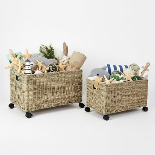 PEMAR Set of 2 Nesting Natural Wicker Rolling Storage Baskets on Wheels with Insert Handles, Under Table Under Desk Woven Storage Bins, Mobile File Cabinet Organizer, Seagrass, Sizes M and L - Image 5