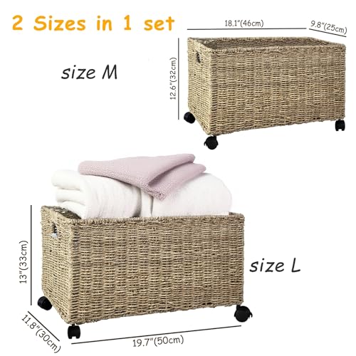 PEMAR Set of 2 Nesting Natural Wicker Rolling Storage Baskets on Wheels with Insert Handles, Under Table Under Desk Woven Storage Bins, Mobile File Cabinet Organizer, Seagrass, Sizes M and L - Image 4