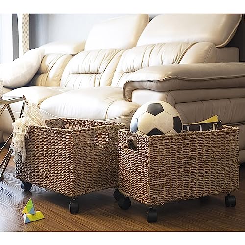 PEMAR Set of 2 Nesting Natural Wicker Rolling Storage Baskets on Wheels with Insert Handles, Under Table Under Desk Woven Storage Bins, Mobile File Cabinet Organizer, Seagrass, Sizes M and L - Image 3