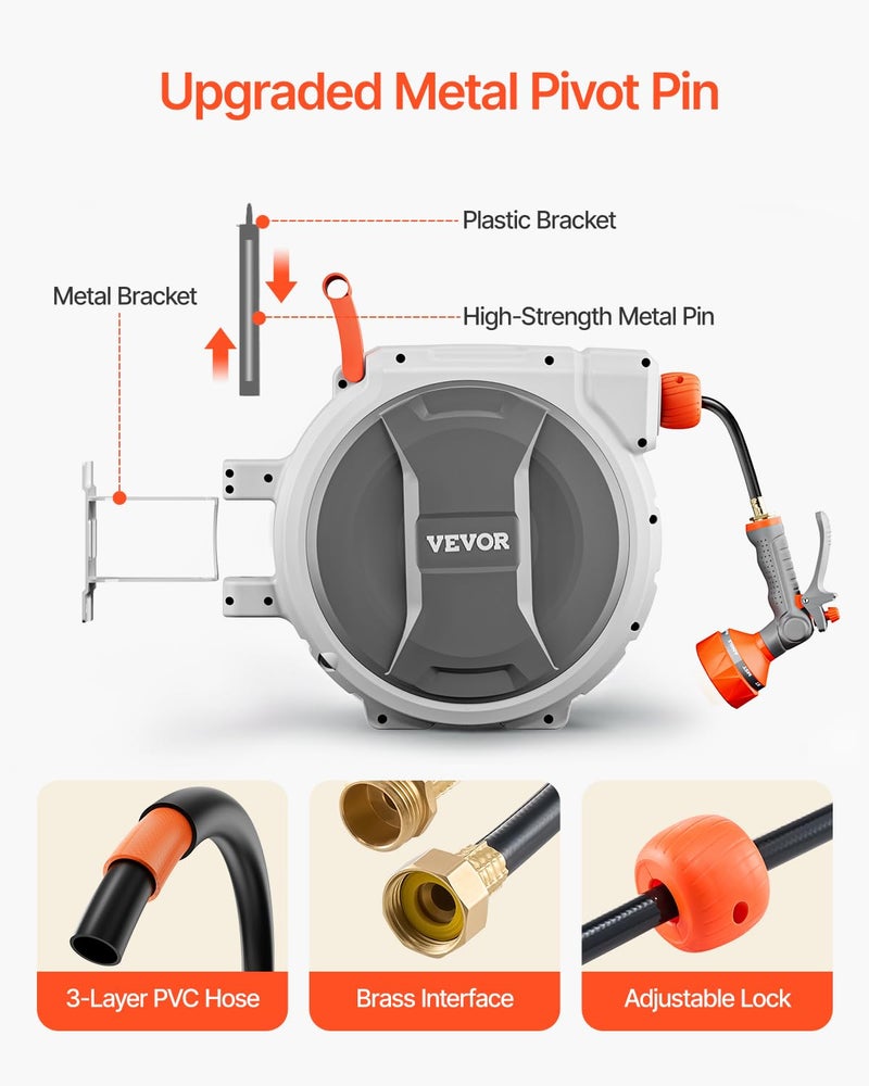 VEVOR Retractable Garden Hose Reel, 5/8 Inch x 100 ft Wall Mounted Hose Reel, Heavy Duty Garden Hose Reel with 9 Patterns Nozzle, Any Length Lock, Upgraded Slow Return System and 180Â°Swivel Bracket - Image 5
