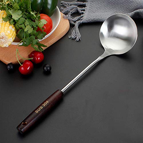 Mockery Stainless Steel Long Soup Kitchen Ladle, Professional Kitchen Large Serving Spoon with Wooden Handle for Soup, Chili, Gravy, Salad Dressing Or Other Foods in Restaurant and Home, 13 inch - Image 1