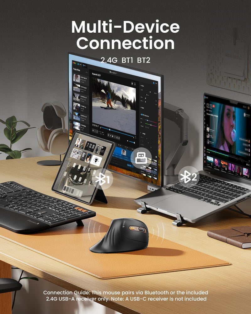 ProtoArc Ergonomic Mouse, EM11 NL Bluetooth Rechargeable Wireless Vertical Mouse, 3 Multi-Device Connectivity for Computer/PC/Laptop, 2.4GHz USB-A Optical Mice for Windows, Mac OS, Black Gold - Image 2