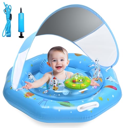 GEEQUFLOAT Baby Pool Float with Canopy Toy ConsoleAdjustable Safe SeatRemovable UPF50 SunshadeInfant Pool Float for 636 MonthsBaby Floaties 612 Months with Safety Handle Rope for PoolSea - Image 1
