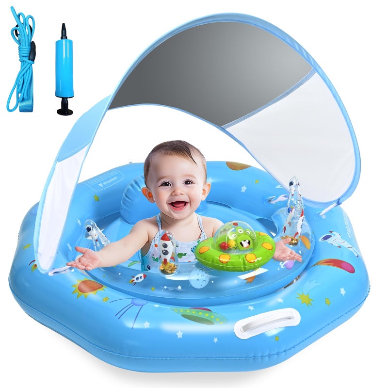 GEEQUFLOAT Baby Pool Float with Canopy Toy ConsoleAdjustable Safe SeatRemovable UPF50 SunshadeInfant Pool Float for 636 MonthsBaby Floaties 612 Months with Safety Handle Rope for PoolSea - Image 2
