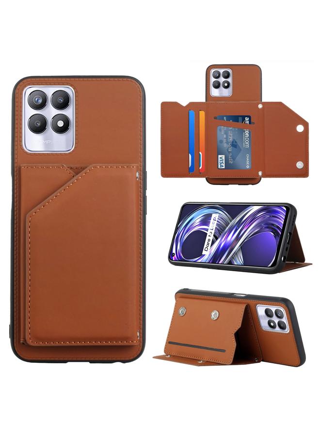 اس-توب جراب لهاتف OPPO Realme 8i مصنوع من الجلد PU + TPU + PC، جراب خلفي مقاوم للصدمات مع فتحات للبطاقات وحامل وإطار للصور - Image 1