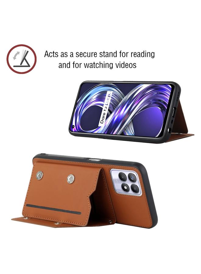 اس-توب جراب لهاتف OPPO Realme 8i مصنوع من الجلد PU + TPU + PC، جراب خلفي مقاوم للصدمات مع فتحات للبطاقات وحامل وإطار للصور - Image 3