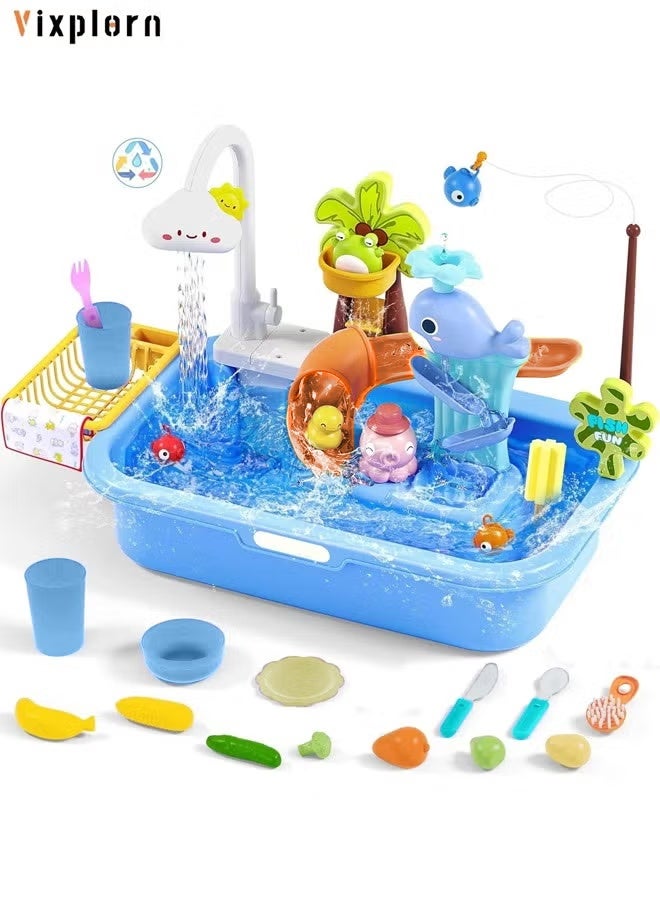 Vixplorn Electric Dishwasher Toy Set Dishwasher Toy Realistic Kitchen Toy Fishing Toy Vegetable Washing Sink Water Play Toy - Image 1