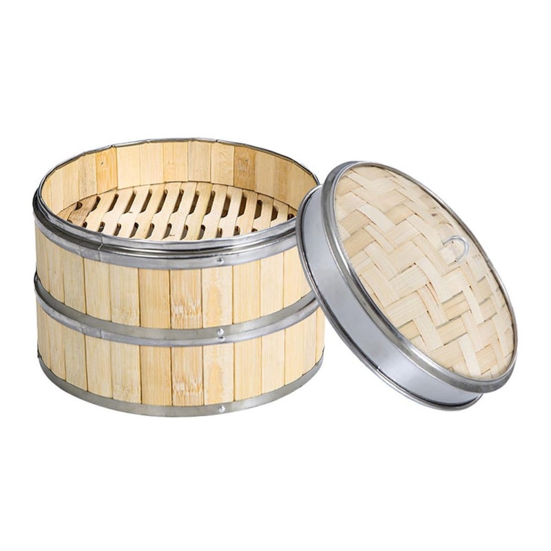 8 Inch 2 Tier Bamboo Steamer Basket With Lid For Dim Sum Dumplings Vegetables Healthy Cooking - Image 2