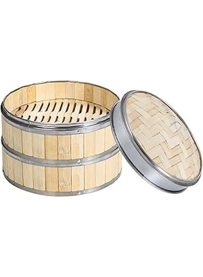 8 Inch 2 Tier Bamboo Steamer Basket With Lid For Dim Sum Dumplings Vegetables Healthy Cooking - Image 1