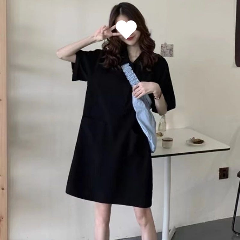 Pure Cotton Vintage Contrast Striped T-Shirt Skirt Womens Summer Embroidered plus size Pregnant Womens Loose Mid-length Belly-covering Slim T-shirt A47 black (pique cotton, high quality)