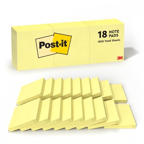 Post It Post-it Notes, 3 in x 3 in, 18 Sticky Notes Pads, 100 Sheets per Pad, The Iconic Canary Yellow Note, School Supplies and Oﬃce Products - Image 1