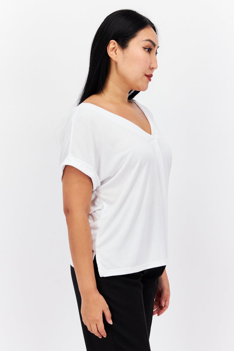 Reserved Women V-Neck Cap Sleeve Plain Top, White  - Image 2