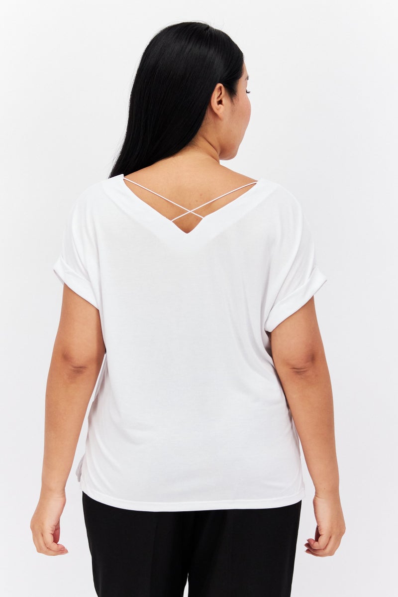 Reserved Women V-Neck Cap Sleeve Plain Top, White  - Image 4