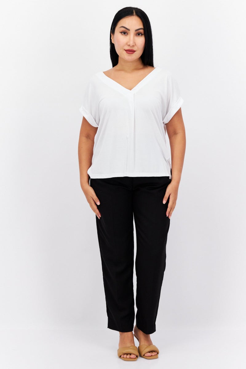 Reserved Women V-Neck Cap Sleeve Plain Top, White  - Image 3