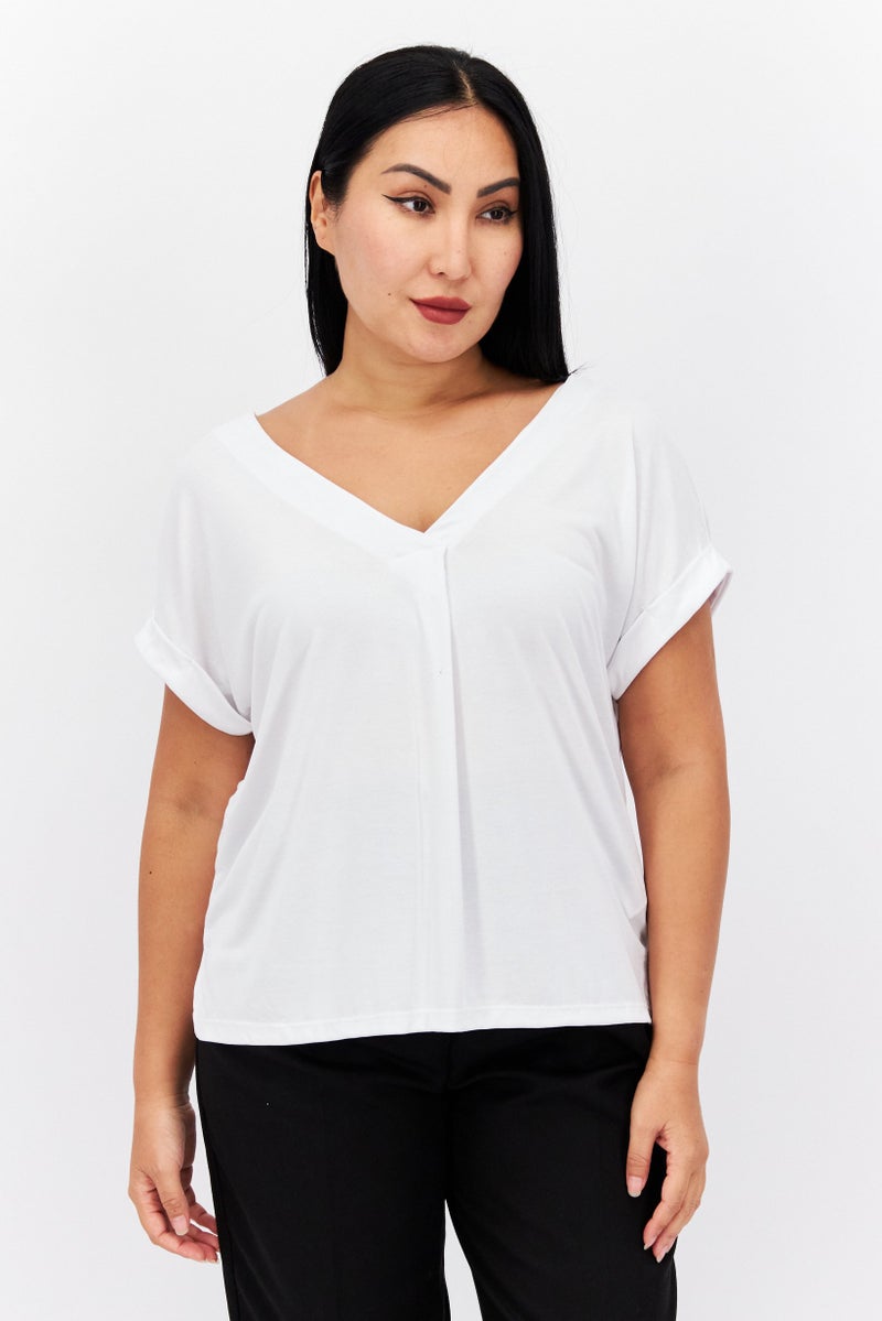 Reserved Women V-Neck Cap Sleeve Plain Top, White  - Image 1