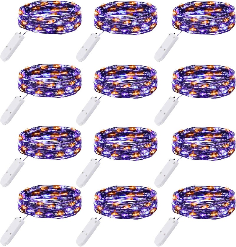 Brightown 12 Pack Purple Orange Fairy Lights Battery Operated String Lights - 7ft 20 LED Waterproof Short Micro Firefly Light for Halloween Decor, Pumpkin DIY Craft, Paper Lantern Decoration - Image 1