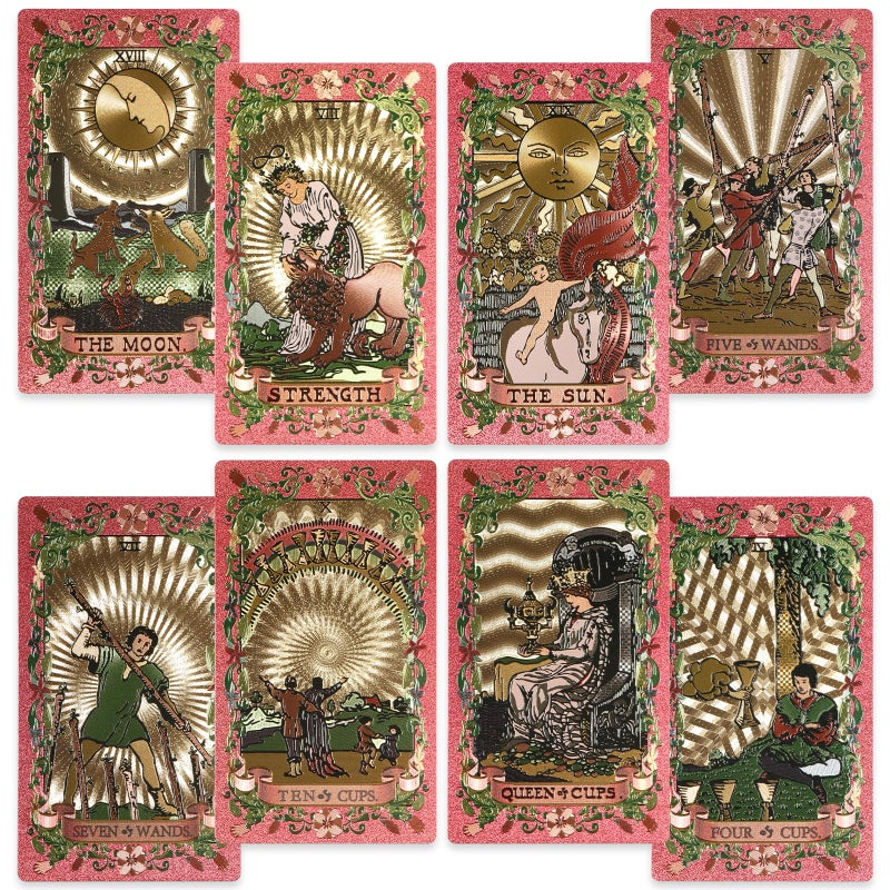 EGCUQ 78 Pink Tarot Cards with Guide BookGold Foil Rider Waite Tarot Deck PVC for Beginners to Expert Pink - Image 2