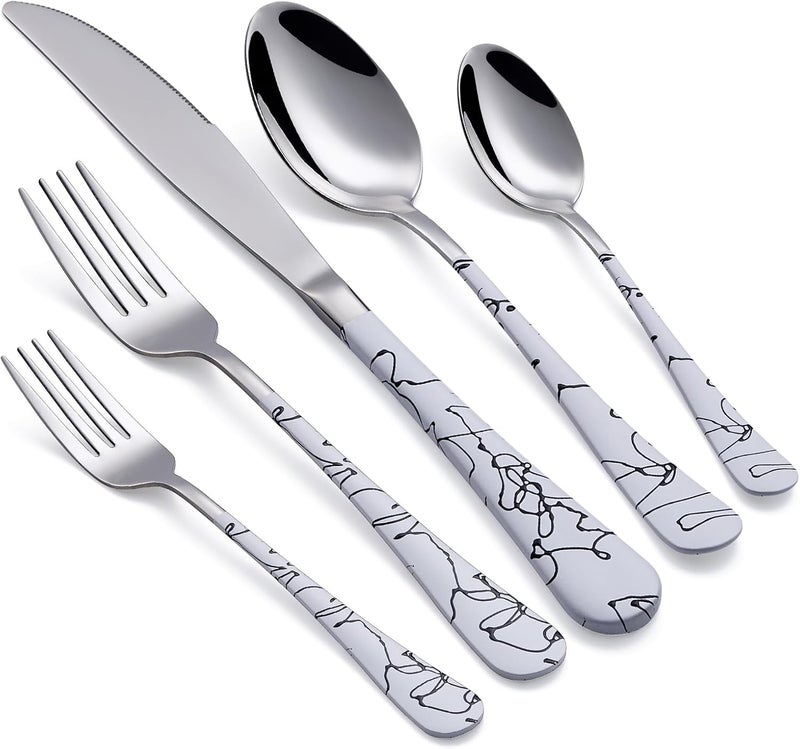Onlycooker 20Piece Silverware Set with Stainless Steel Flatware  White Marbling Handle Cutlery  Dinner Knives Forks Spoons  Dishwasher Safe - Image 1