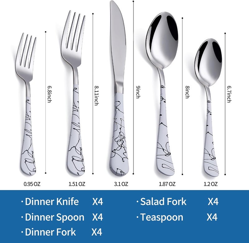 Onlycooker 20Piece Silverware Set with Stainless Steel Flatware  White Marbling Handle Cutlery  Dinner Knives Forks Spoons  Dishwasher Safe - Image 2