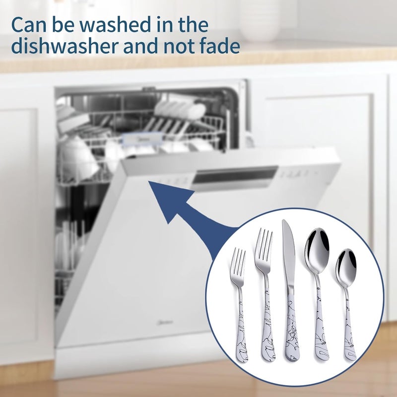 Onlycooker 20Piece Silverware Set with Stainless Steel Flatware  White Marbling Handle Cutlery  Dinner Knives Forks Spoons  Dishwasher Safe - Image 4