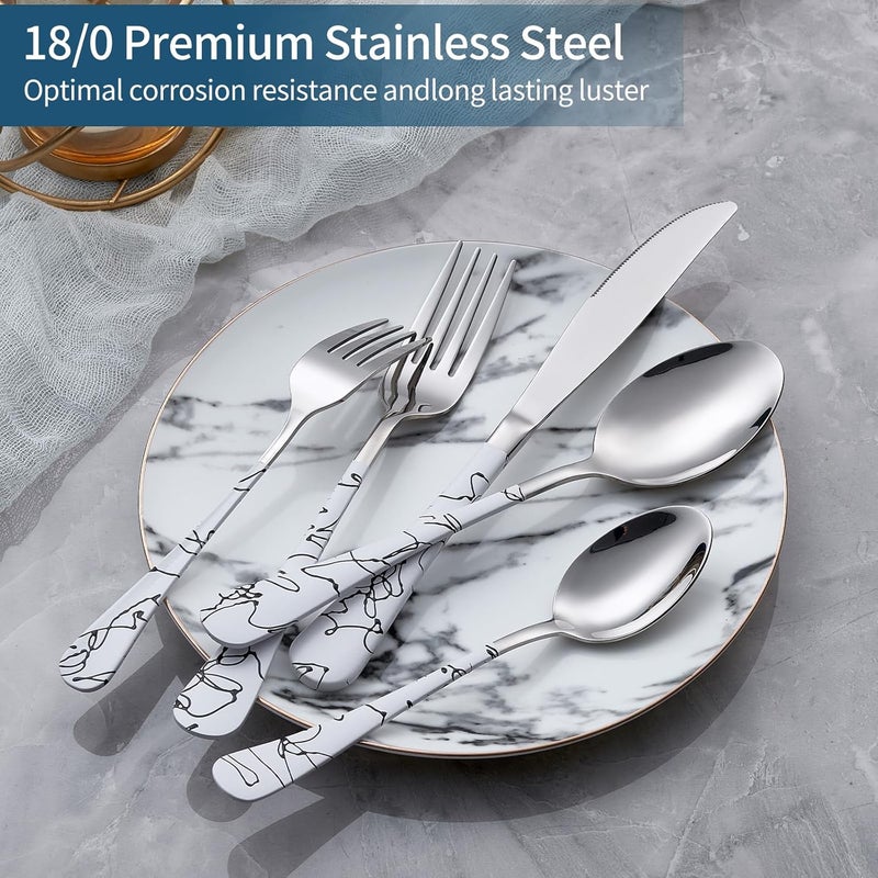 Onlycooker 20Piece Silverware Set with Stainless Steel Flatware  White Marbling Handle Cutlery  Dinner Knives Forks Spoons  Dishwasher Safe - Image 3