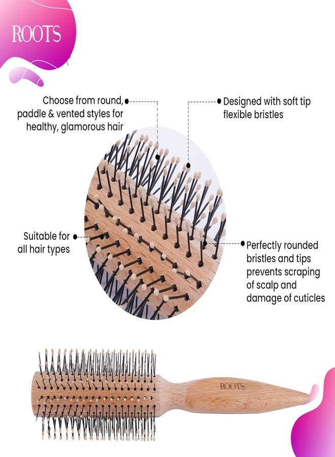 ROOTS Wooden Round Hair Brush | Soft Tip Flexible Bristles | Prevent Scalp Scraping & Massaging your Scalp | For All Hair Types | For Men & Women | Length - 8.8 Inch, Model No - TG14-W - Image 4