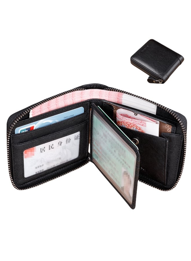 بانيانو محفظة قصيرة من الجلد الطبيعي ذات سعة كبيرة للرجال متعددة الوظائف من جلد البقر باللون الأسود بنمط أوراق الشجر المفردة - Image 1