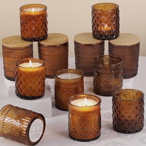 DARJEN 12 Pack Amber Candle Jars for Making Candles- 3 Styles Glass Candle Making Jars Bulk with Bamboo Lids and Labels, Candle Making Supplies Candle Vessels for Home Decor - Image 1