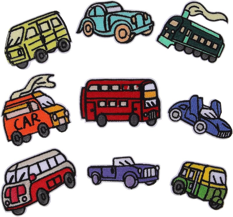 9pcs Cartoon Car Sew-on Decorative Patches for Clothes, DIY Craft Embroidered Fabric Patches for Jackets, Hats, and Sewing Repairs - Image 1