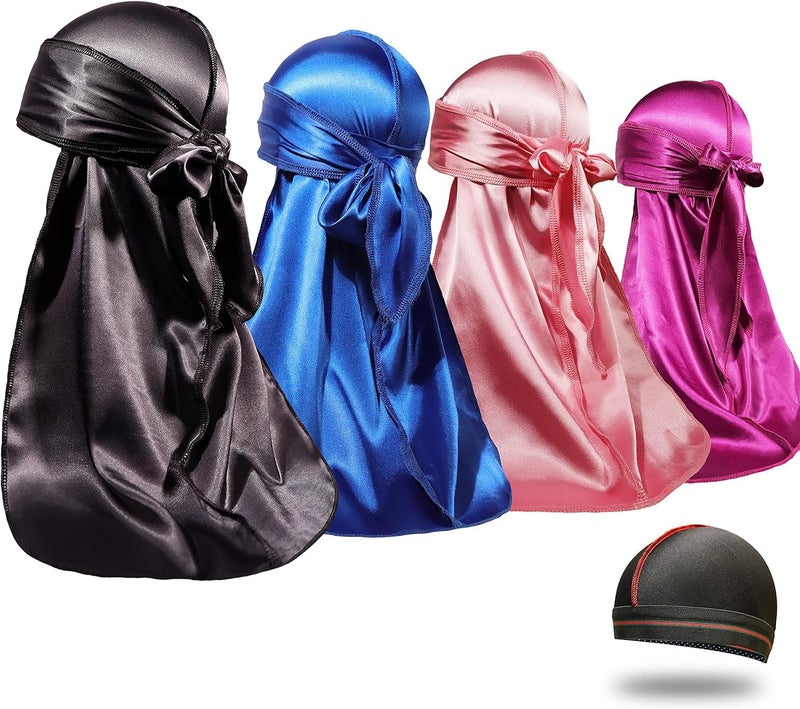 ForceWave 4PCS Silky Durags for Men Women 360 Waves with 1 Wave Cap, Silky Satin Durag Extra Long Tails - Image 1