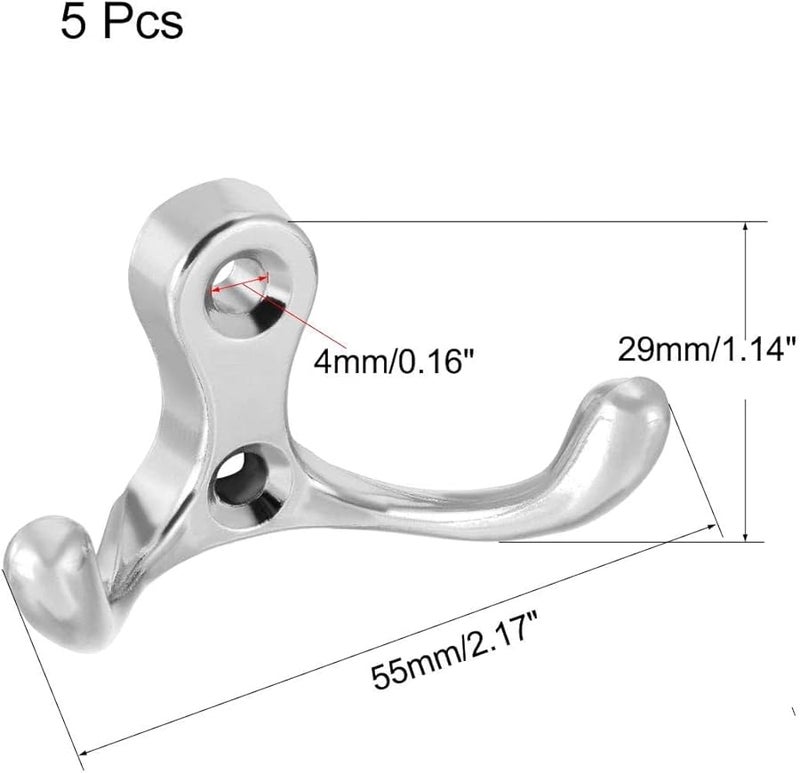 خطافات معطف مزدوجة مثبتة على الحائط، خطافات بأسلوب رجعي وعملية للمعطف والحقيبة والمنشفة، فضي 30 مم × 55 مم × 29 مم، 5 قطع - Image 1
