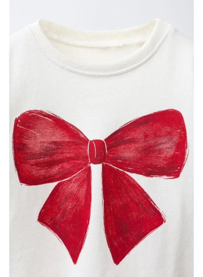 Magu Girls' Cream Cotton Long-Sleeve T-Shirt with Bow Print