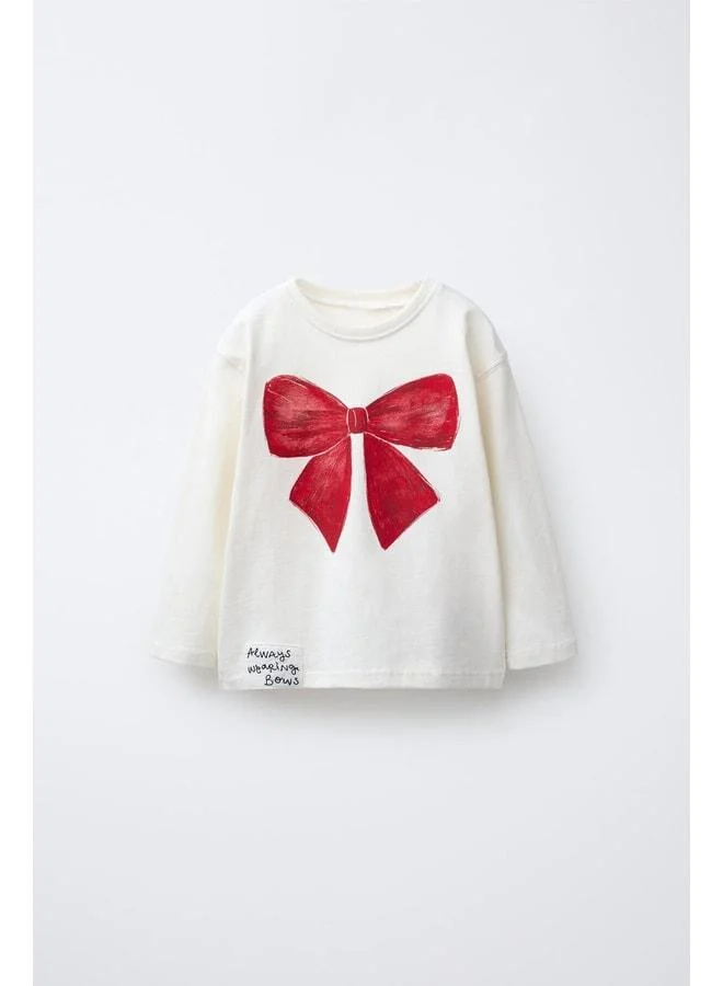 Magu Girls' Cream Cotton Long-Sleeve T-Shirt with Bow Print