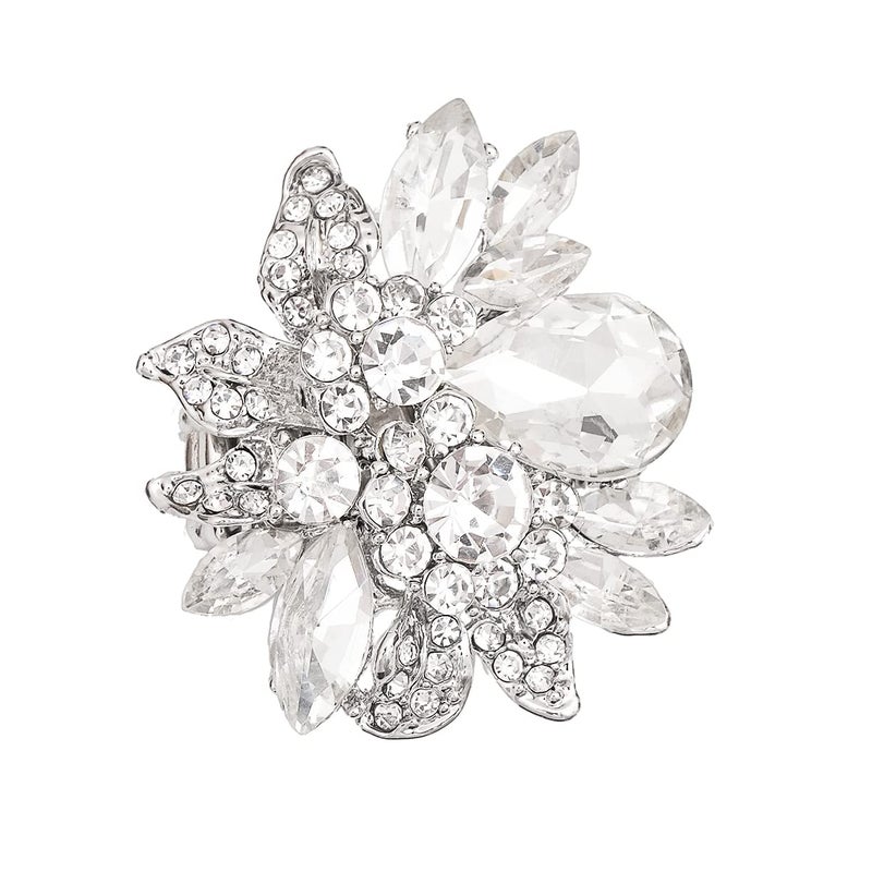 CSY Luxury Women's Austrian Crystal Leaves Flower Big Cocktail Statement Rings Stretch Adjustable Ring Jewelry Accessories (White Crystal) - Image 1