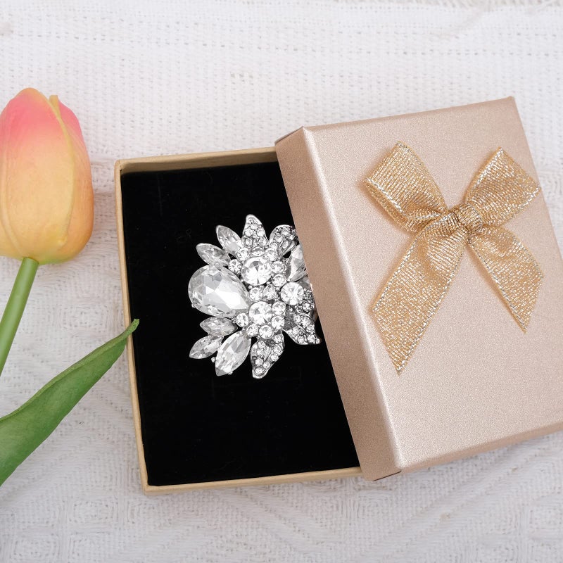 CSY Luxury Women's Austrian Crystal Leaves Flower Big Cocktail Statement Rings Stretch Adjustable Ring Jewelry Accessories (White Crystal) - Image 3