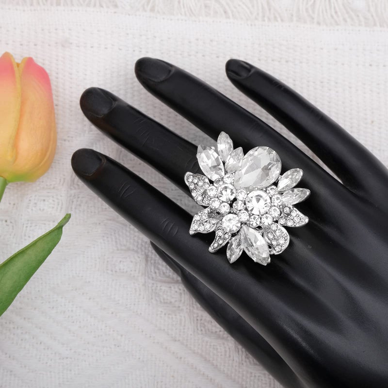 CSY Luxury Women's Austrian Crystal Leaves Flower Big Cocktail Statement Rings Stretch Adjustable Ring Jewelry Accessories (White Crystal) - Image 2