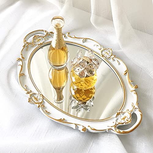Yamfurga Oval Decorative Mirror Tray, French Style, Makeup Organizer, Jewelry Organizer, Serving Tray, 9.8"x 14.6", Golden White - Image 1