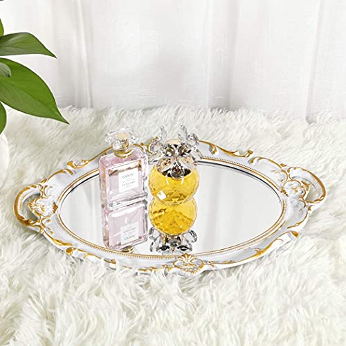 Yamfurga Oval Decorative Mirror Tray, French Style, Makeup Organizer, Jewelry Organizer, Serving Tray, 9.8"x 14.6", Golden White - Image 3