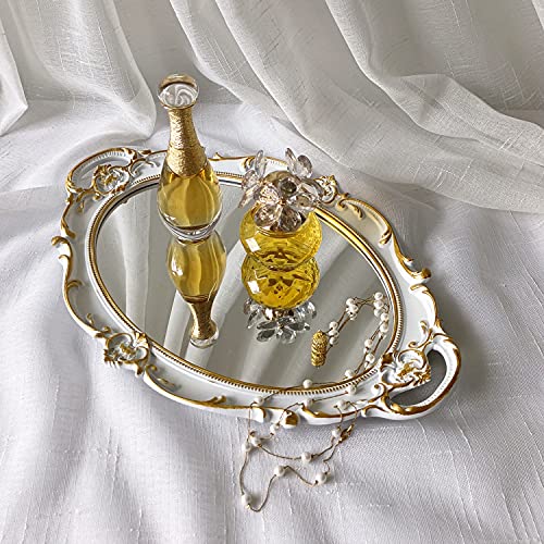 Yamfurga Oval Decorative Mirror Tray, French Style, Makeup Organizer, Jewelry Organizer, Serving Tray, 9.8"x 14.6", Golden White - Image 4