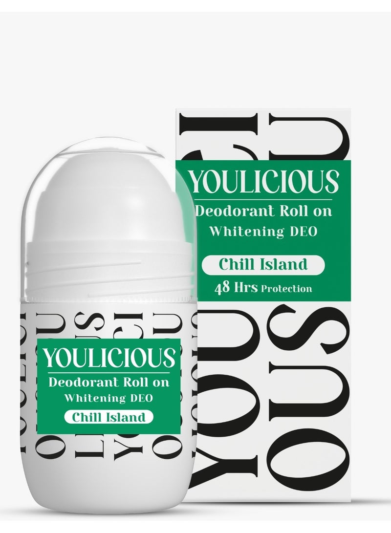Youlicious youlicious deodorant roll on(chill island) 50 ML - "Lactic acid - Licorice root - Alpha arbutin - Alum rock-Aloe vera - Whitening & Unifying Skin Tone - 48 hours Protection - for sensitive skin