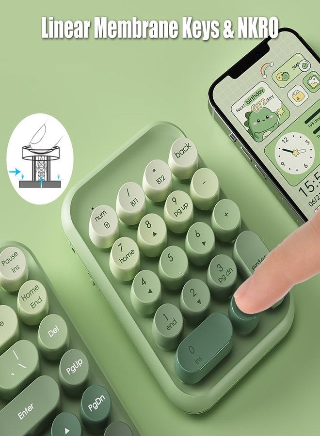 TISHLED Typewriter Style Number Keypad Wireless 2.4G/Bluetooth/USB-C Wired Rechargeable Numeric Pad Linear Membrane Switch 18-Key NKRO Retro Round Keycaps Portable for Multi-Device, Matcha Green - Image 5