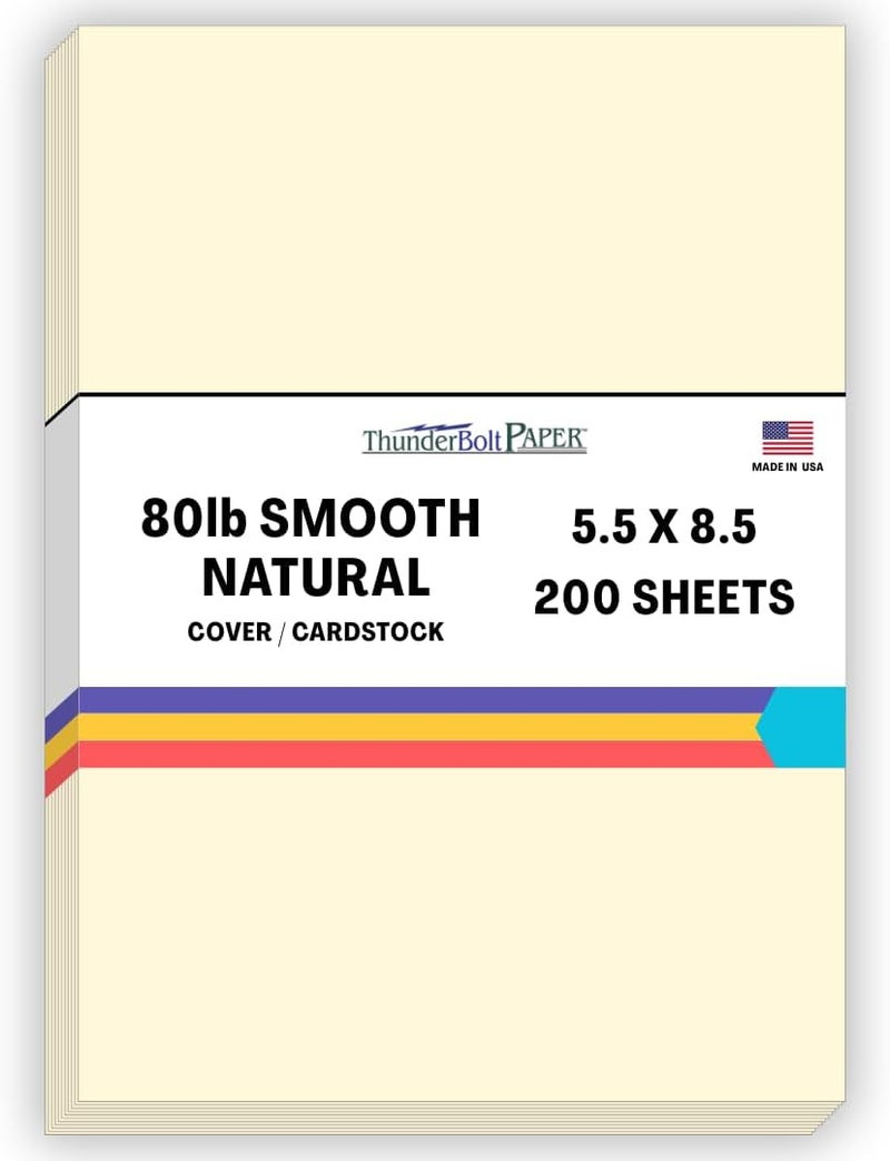 ThunderBolt Paper 200 Natural Smooth Card Stock Sheets Paper - 5.5 X 8.5 Inches Half Letter | Statement Size - 80# (80 lb/Pound) Cover Weight - Quality Paper - Smooth Finish - Image 1