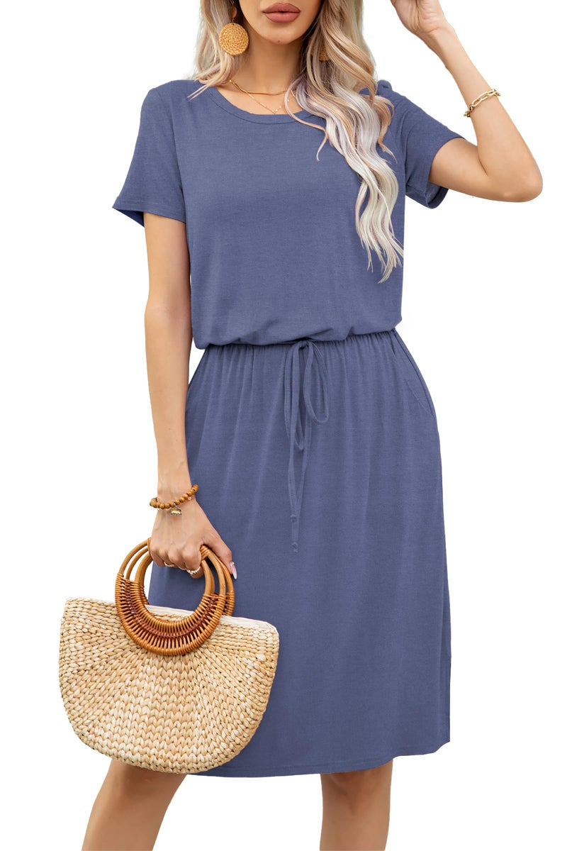 levaca Womens Summer Casual Dress Belly Drawstring Beach Short Sleeve 2025 Midi Sundress with Pockets Purple Gray L - Image 1